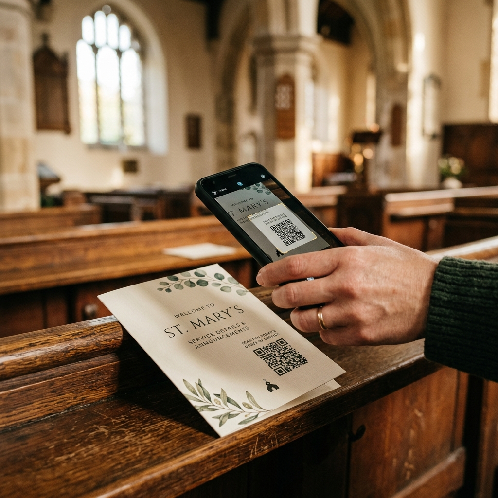 Visitor scanning QR code on welcome card in church